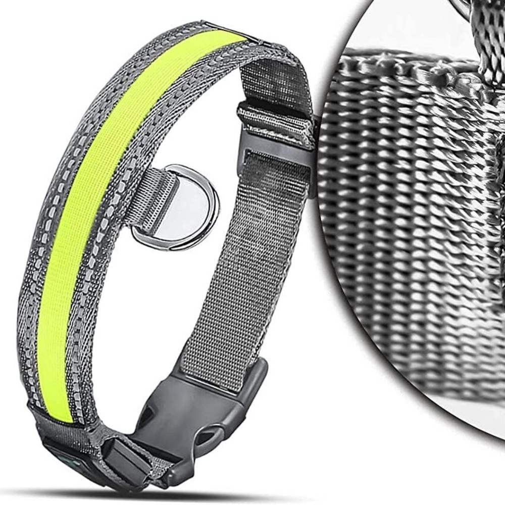 Eversunn Gray LED Dog Collar, USB Rechargeable Waterproof Reflective - Large